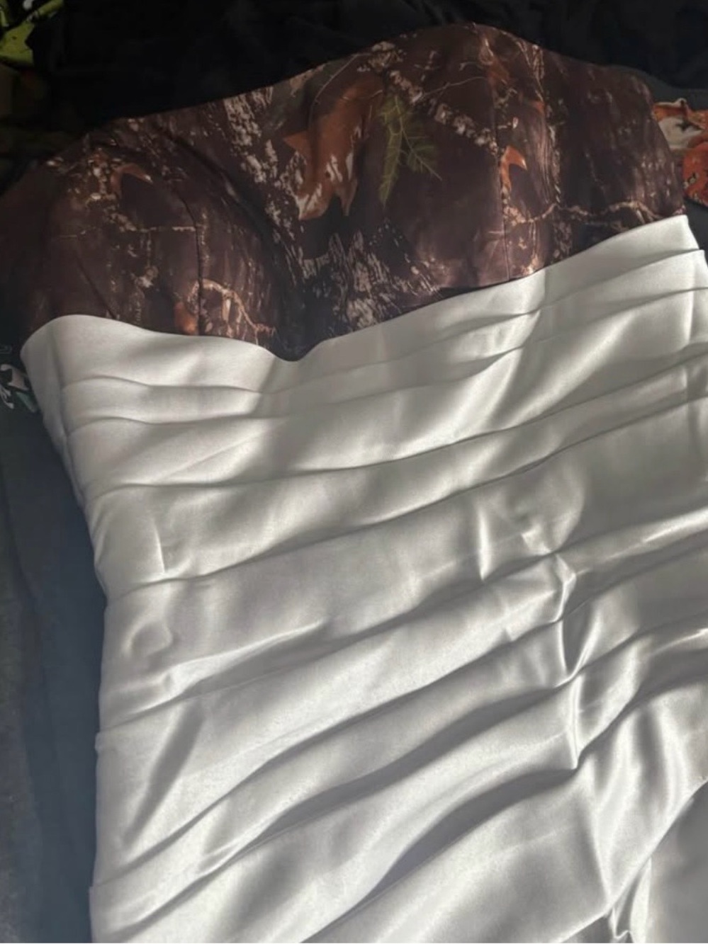 Strapless White Satin Dress with Brown Camouflage Bodice